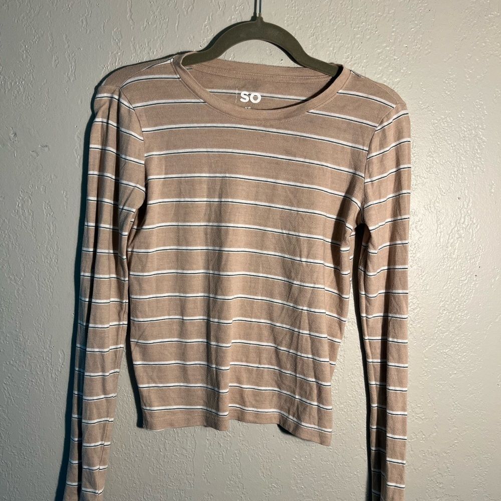 SO Women's Tan Striped Long Sleeve Top SZ XS Summer Casual T Shirt Cute + Petite